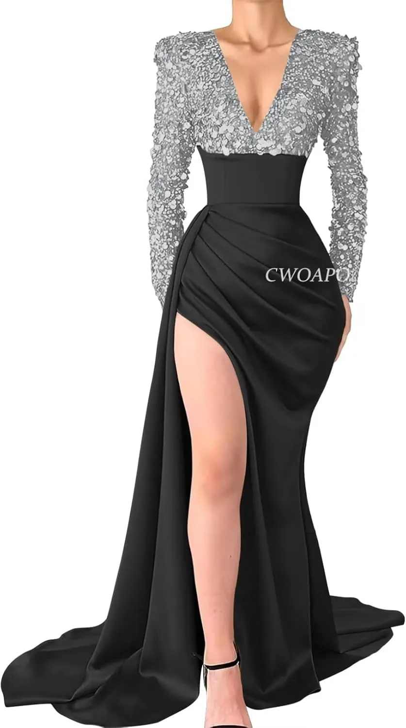 V Neck Sequin Long Sleeve Prom Dresses Satin Mermaid Evening Gowns for Women Formal Wedding Party Gala Dress with Slit