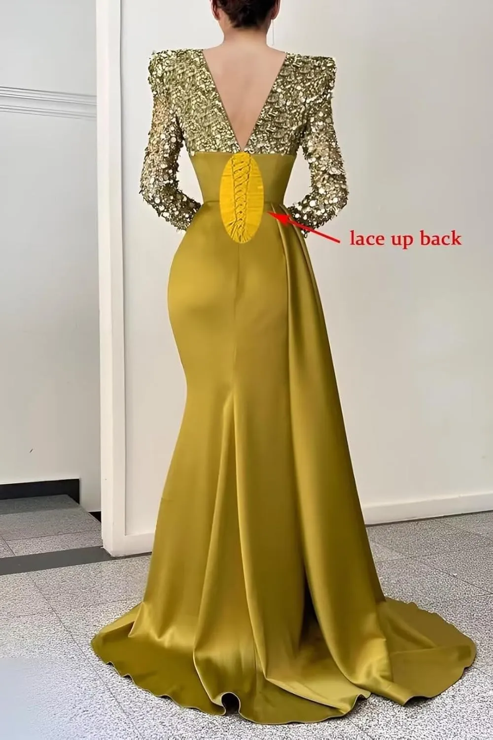 V Neck Sequin Long Sleeve Prom Dresses Satin Mermaid Evening Gowns for Women Formal Wedding Party Gala Dress with Slit