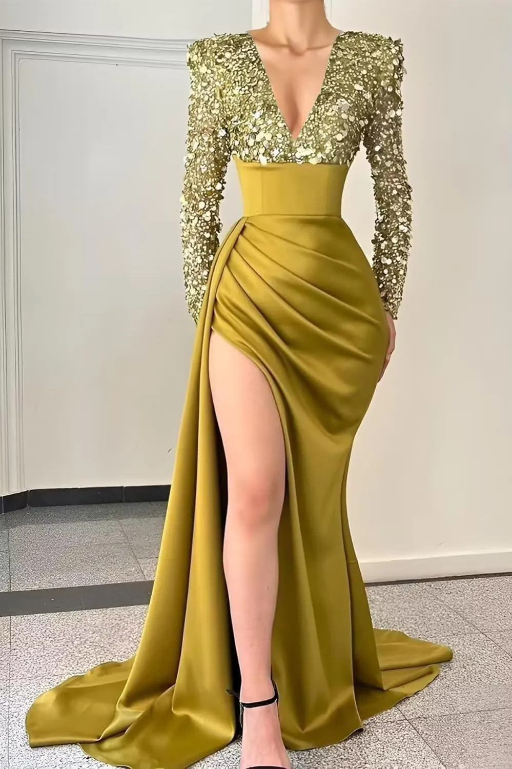 V Neck Sequin Long Sleeve Prom Dresses Satin Mermaid Evening Gowns for Women Formal Wedding Party Gala Dress with Slit
