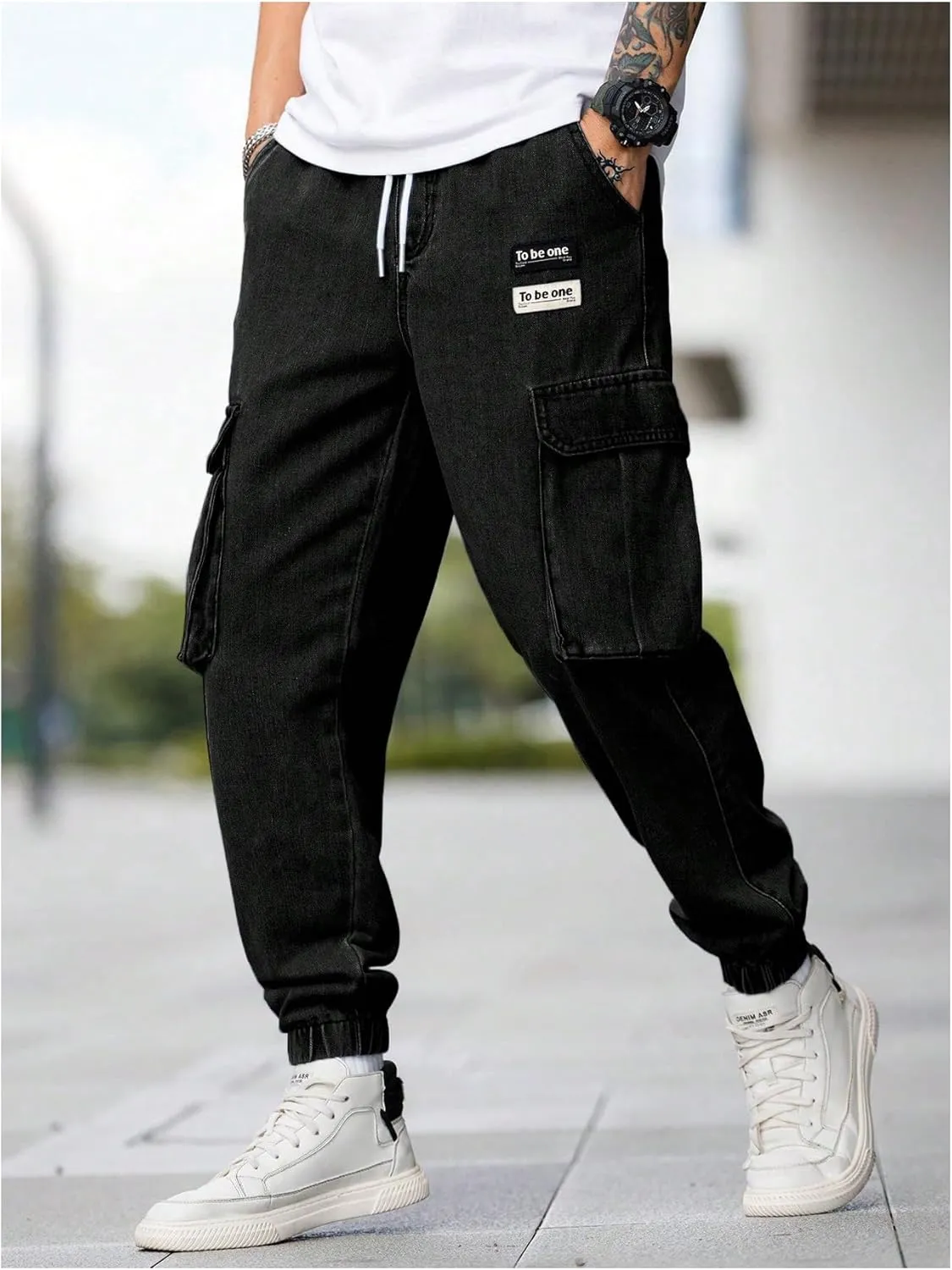 Verdusa Men's Elastic Waist Drawstring Denim Cargo Pants Joggers with Pockets
