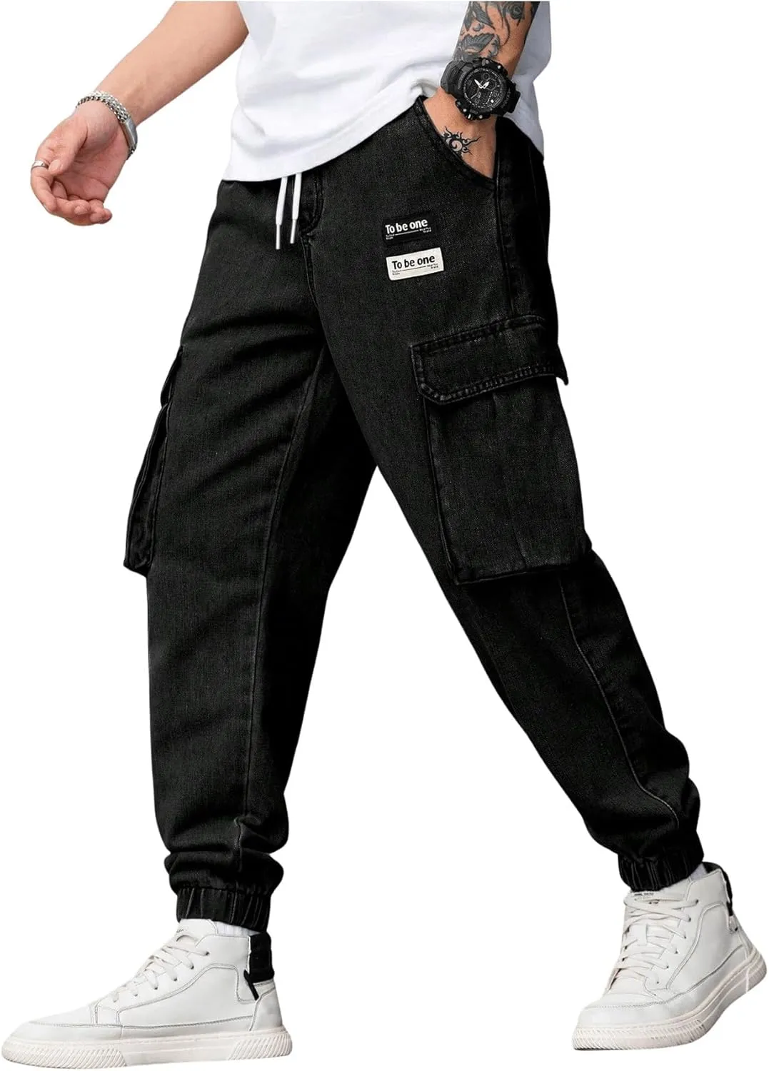 Verdusa Men's Elastic Waist Drawstring Denim Cargo Pants Joggers with Pockets