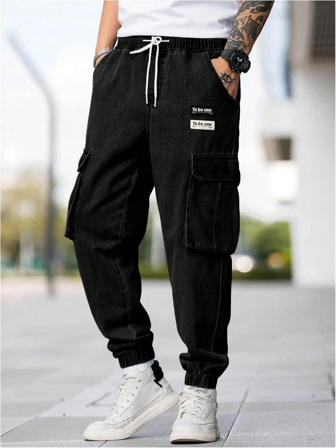 Verdusa Men's Elastic Waist Drawstring Denim Cargo Pants Joggers with Pockets