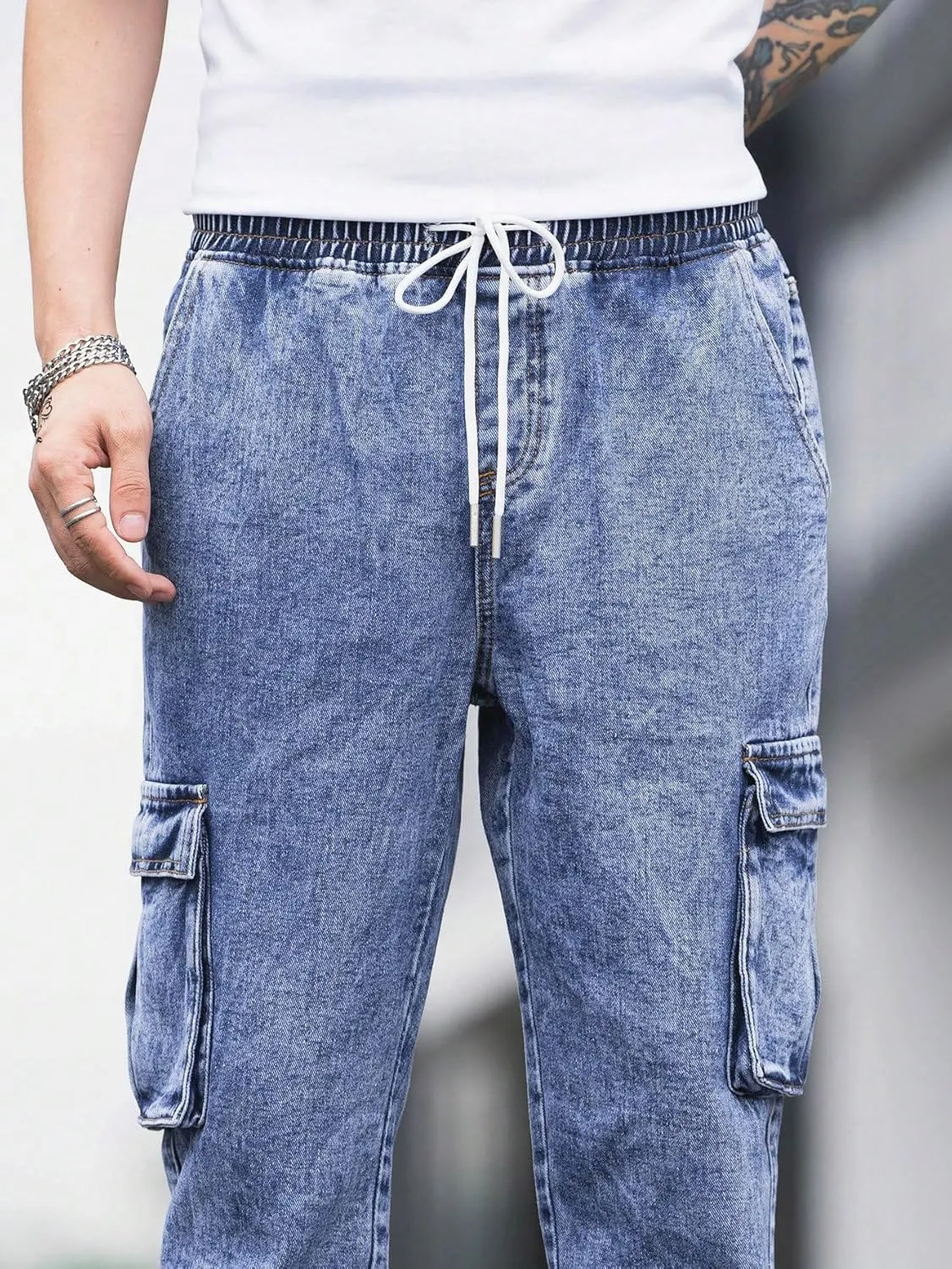 Verdusa Men's Elastic Waist Drawstring Denim Cargo Pants Joggers with Pockets