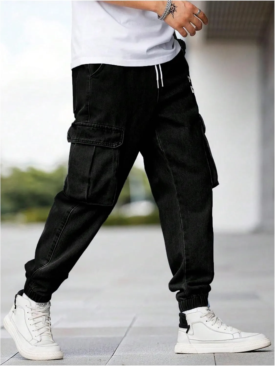 Verdusa Men's Elastic Waist Drawstring Denim Cargo Pants Joggers with Pockets