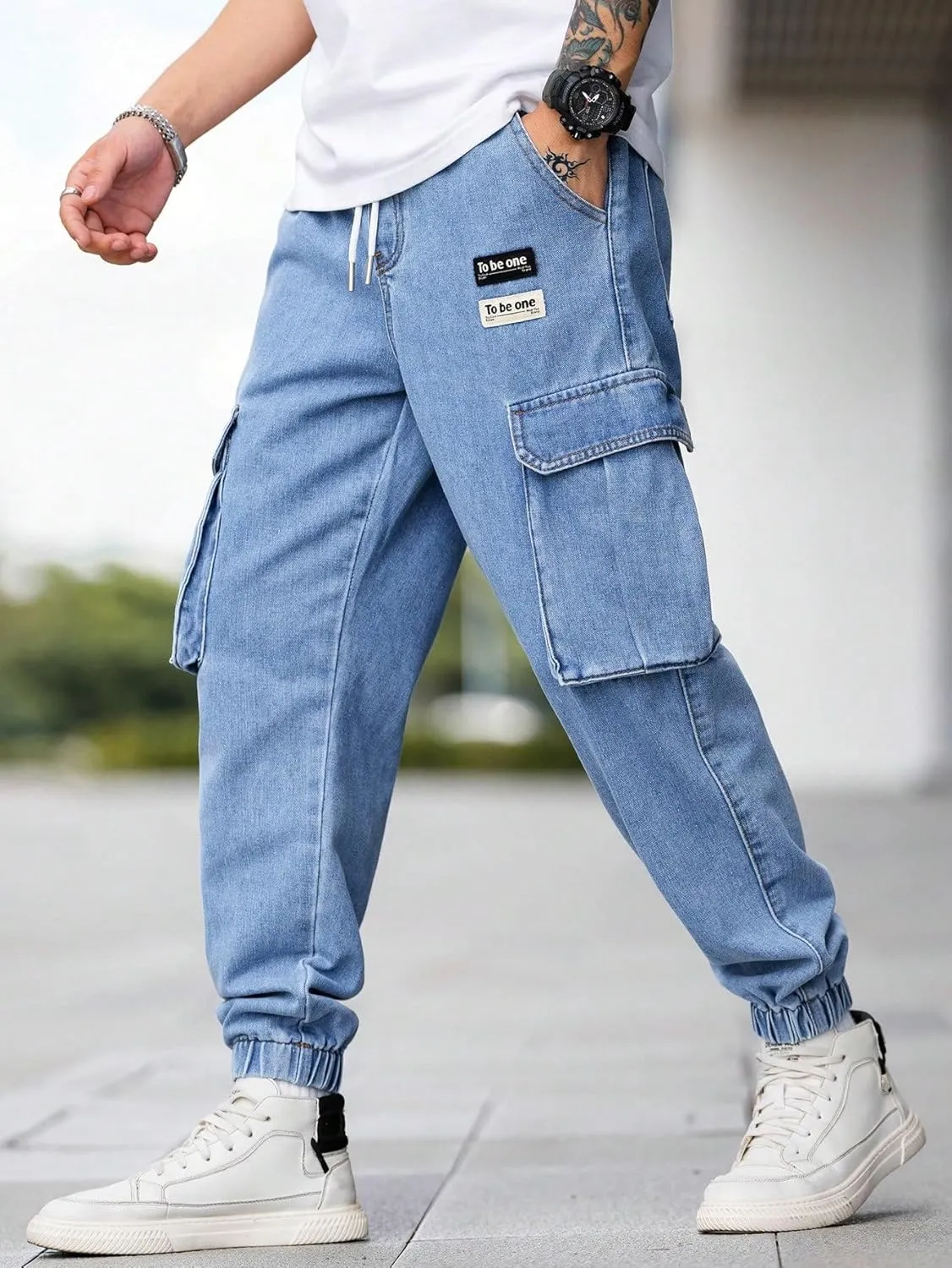 Verdusa Men's Elastic Waist Drawstring Denim Cargo Pants Joggers with Pockets