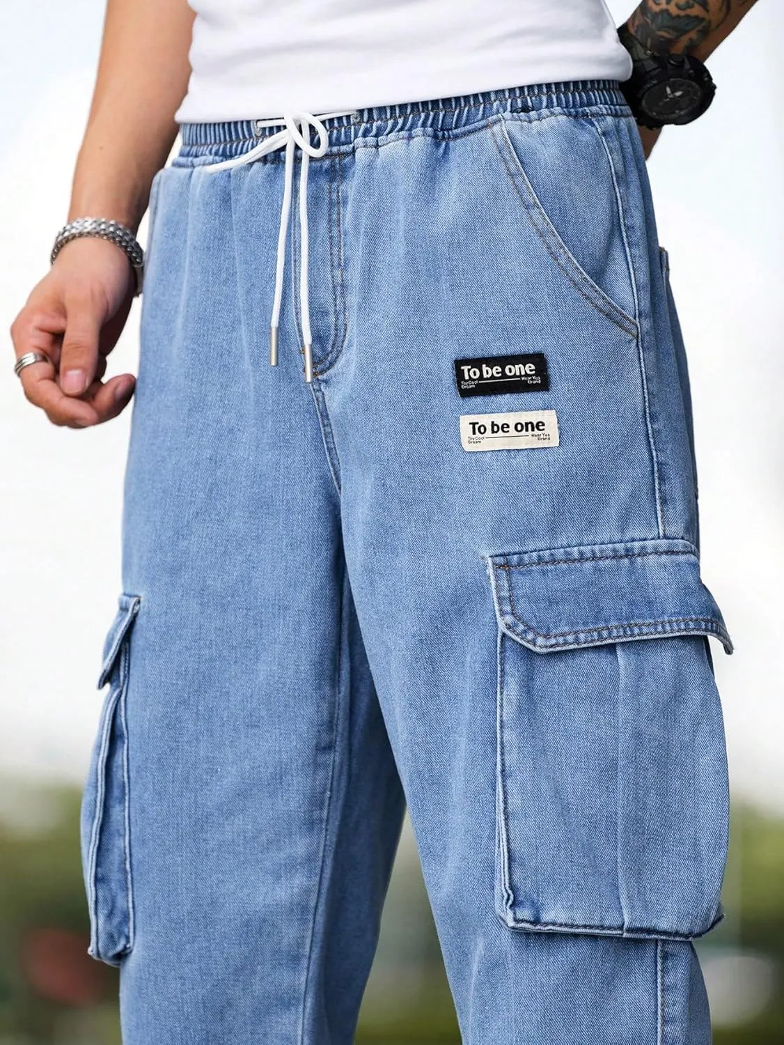 Verdusa Men's Elastic Waist Drawstring Denim Cargo Pants Joggers with Pockets