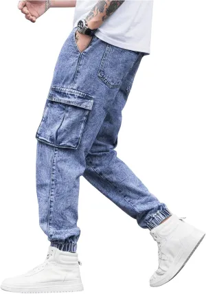 Verdusa Men's Elastic Waist Drawstring Denim Cargo Pants Joggers with Pockets