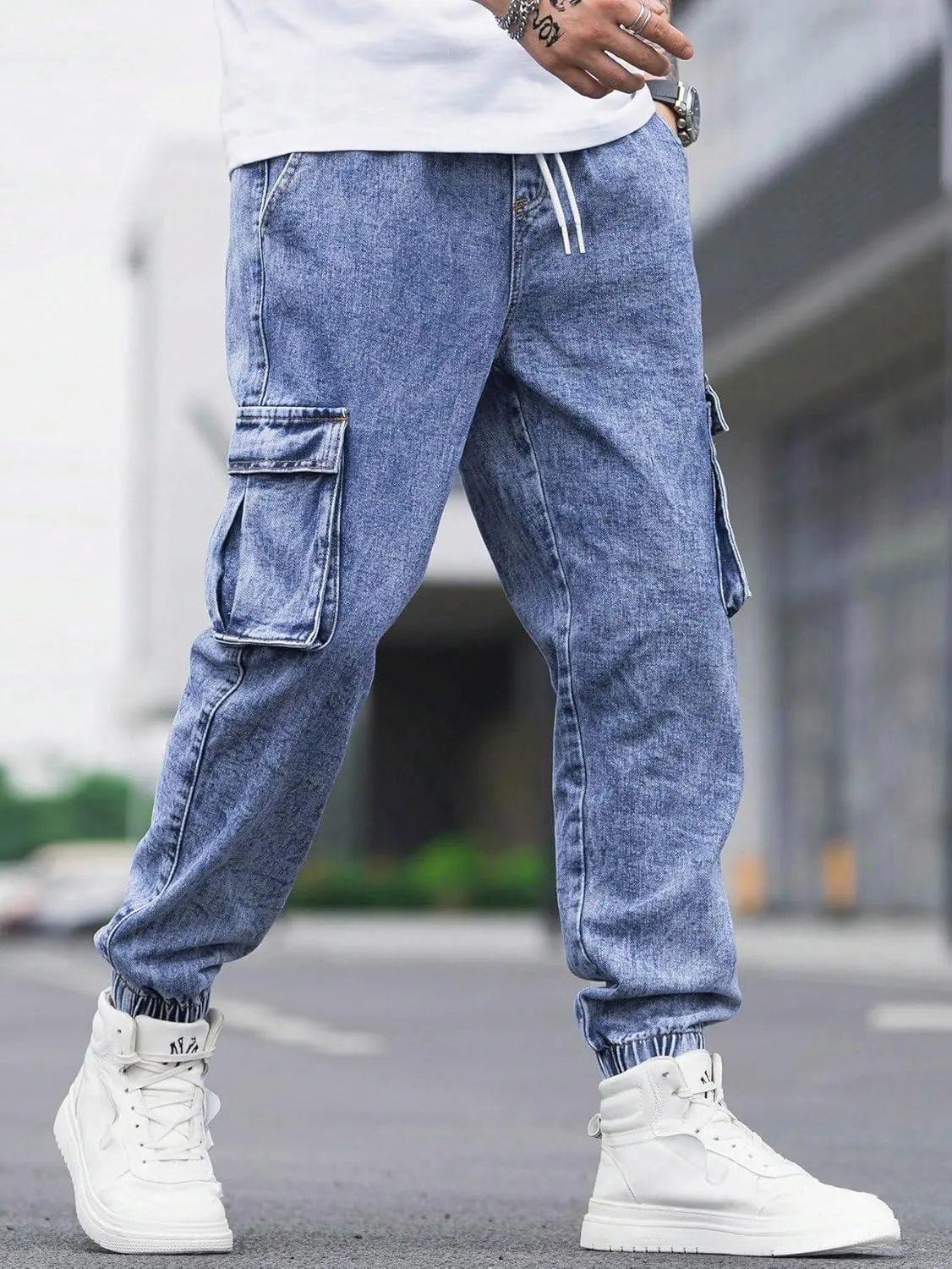 Verdusa Men's Elastic Waist Drawstring Denim Cargo Pants Joggers with Pockets