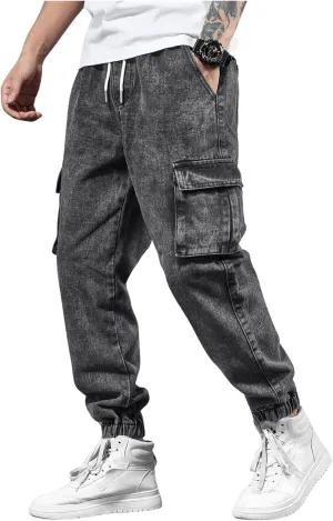 Verdusa Men's Elastic Waist Drawstring Denim Cargo Pants Joggers with Pockets