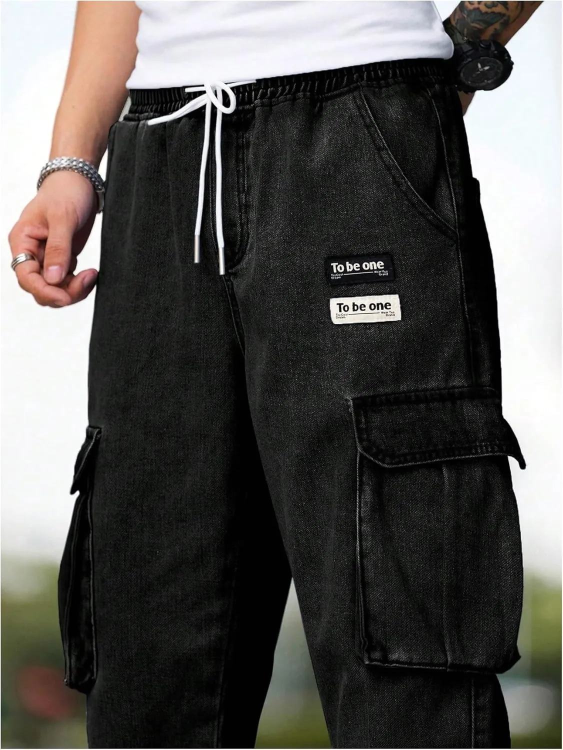 Verdusa Men's Elastic Waist Drawstring Denim Cargo Pants Joggers with Pockets