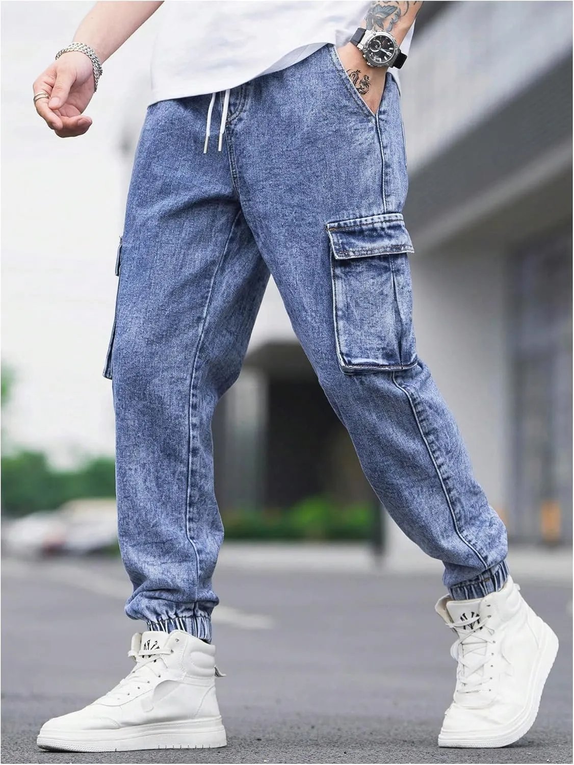 Verdusa Men's Elastic Waist Drawstring Denim Cargo Pants Joggers with Pockets