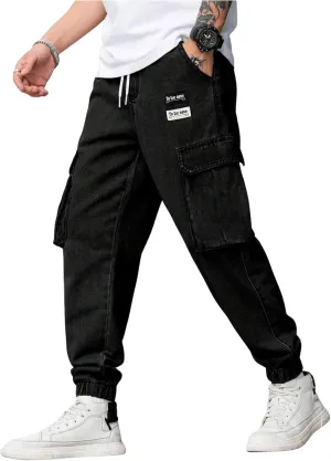 Verdusa Men's Elastic Waist Drawstring Denim Cargo Pants Joggers with Pockets