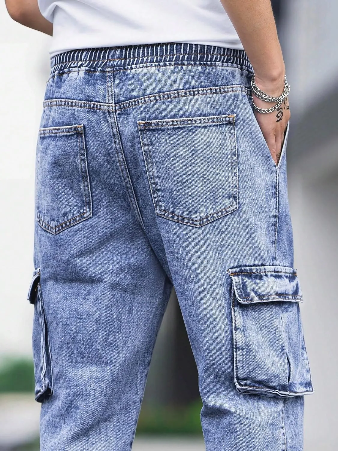 Verdusa Men's Elastic Waist Drawstring Denim Cargo Pants Joggers with Pockets