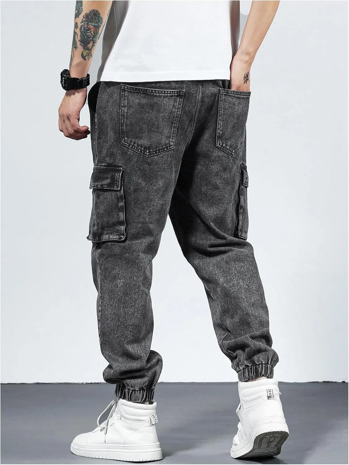 Verdusa Men's Elastic Waist Drawstring Denim Cargo Pants Joggers with Pockets