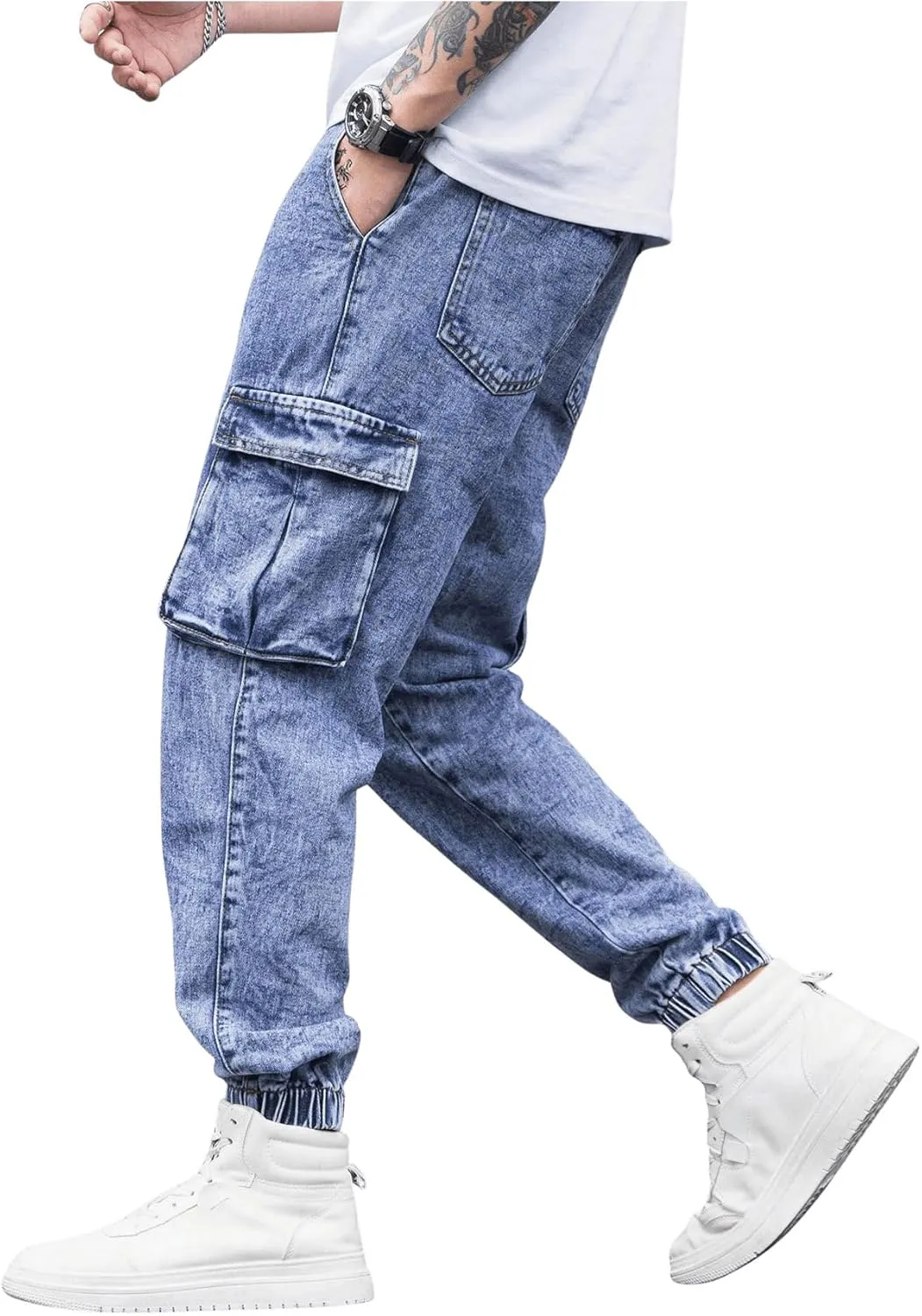 Verdusa Men's Elastic Waist Drawstring Denim Cargo Pants Joggers with Pockets