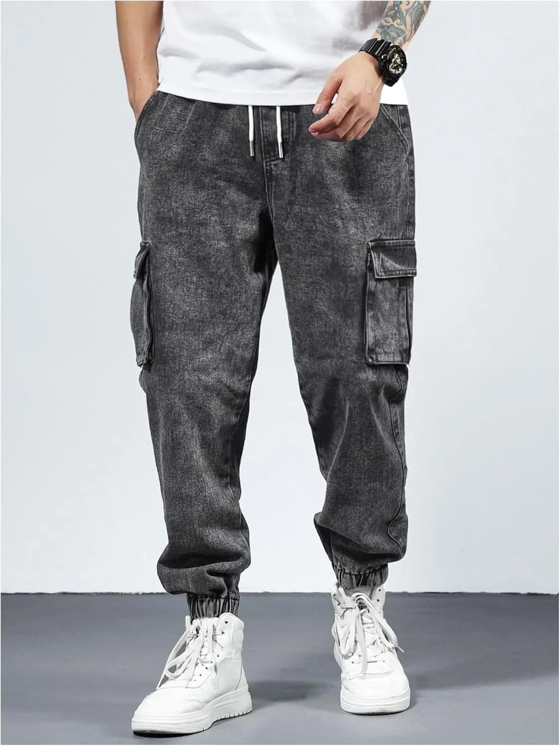 Verdusa Men's Elastic Waist Drawstring Denim Cargo Pants Joggers with Pockets