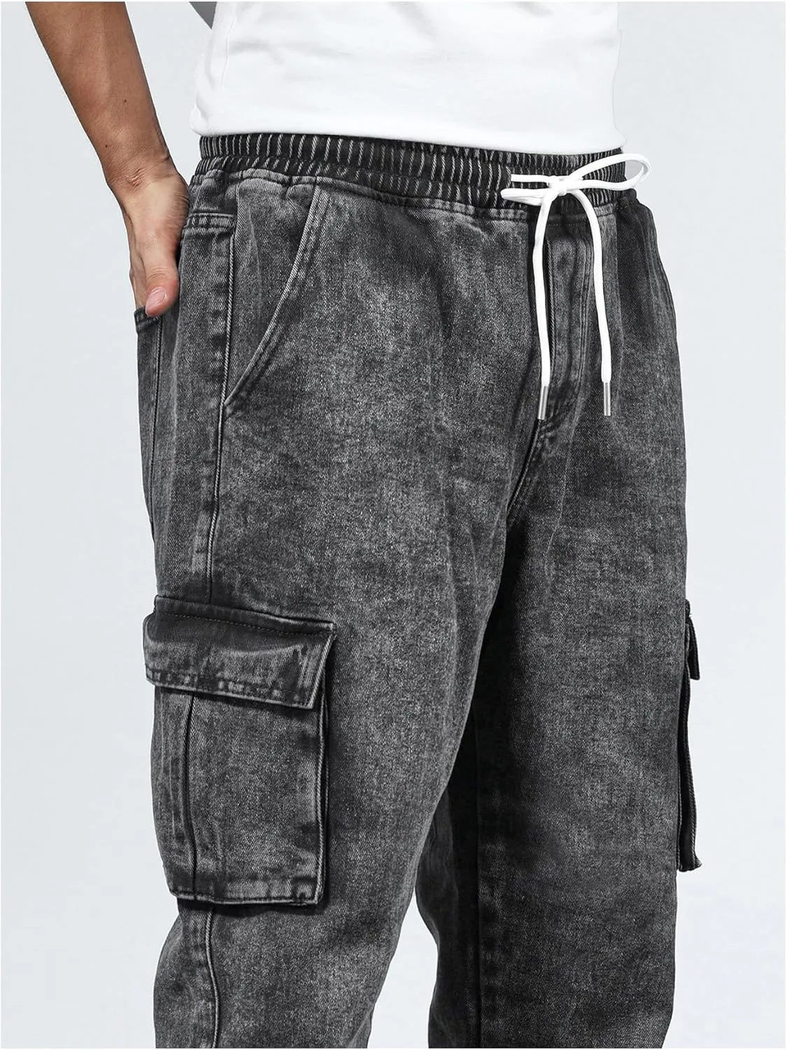 Verdusa Men's Elastic Waist Drawstring Denim Cargo Pants Joggers with Pockets