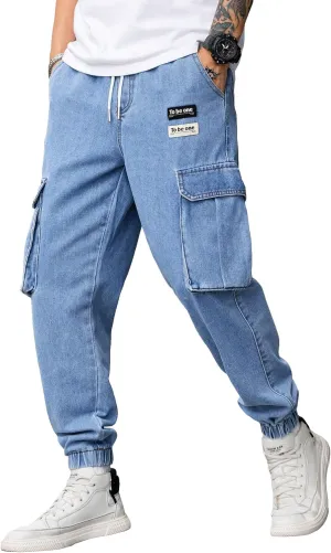Verdusa Men's Elastic Waist Drawstring Denim Cargo Pants Joggers with Pockets