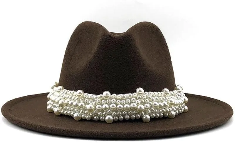 VESNIBA Women's British Fashion Elegant Jazz Hat Pearl Ring with Top Hat Big Brim Hat Ladies Woolen Hat Womens