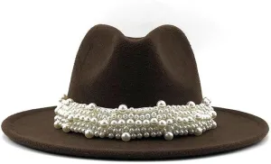 VESNIBA Women's British Fashion Elegant Jazz Hat Pearl Ring with Top Hat Big Brim Hat Ladies Woolen Hat Womens