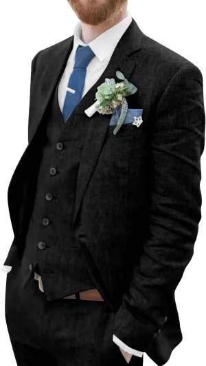 Wangyue Men's Linen Suit 3 Piece Suit Slim Fit Two Buttons Casual Suits Summer Beach Wedding Suits Set