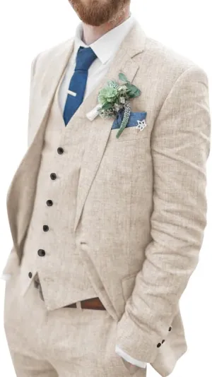 Wangyue Men's Linen Suit 3 Piece Suit Slim Fit Two Buttons Casual Suits Summer Beach Wedding Suits Set