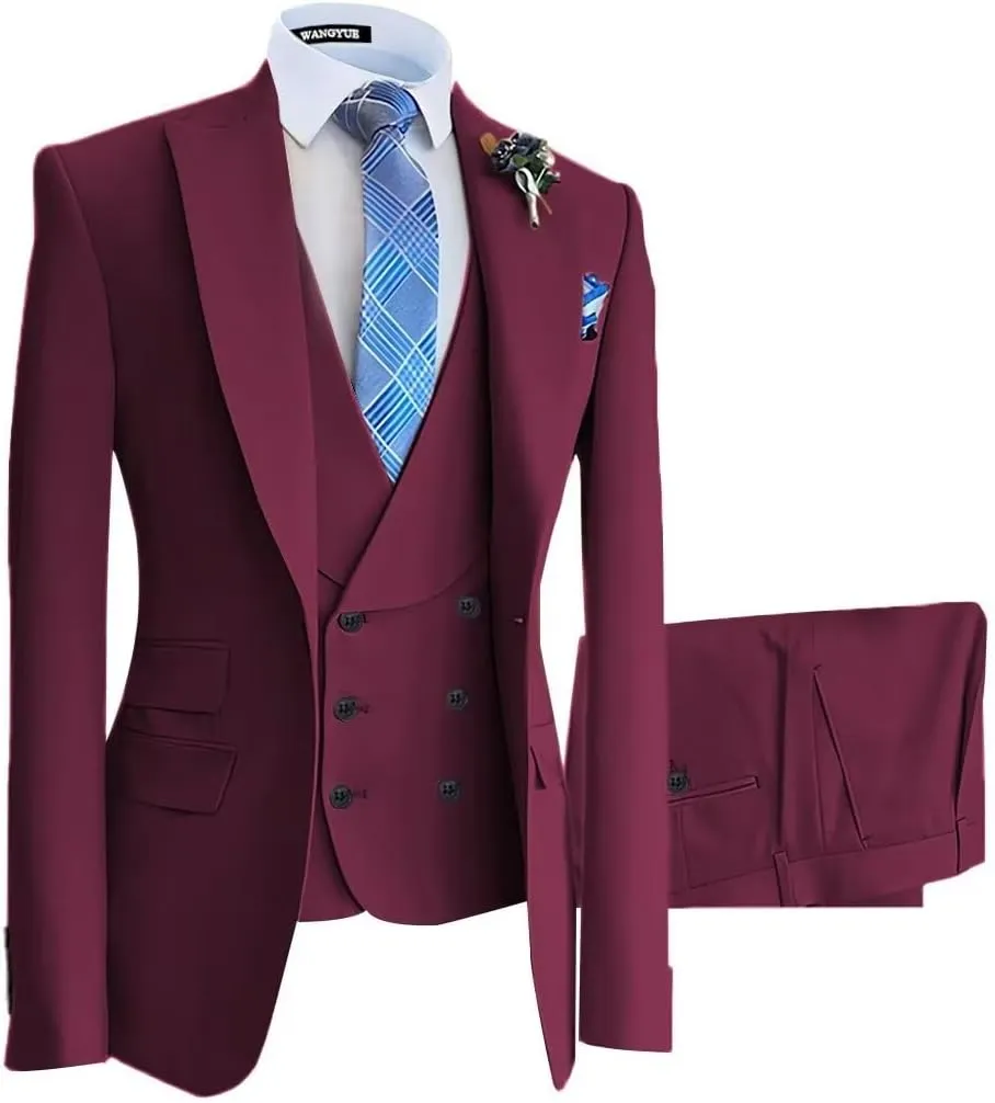 Wangyue Mens Suit 3 Piece Slim Fit Suit for Men Double Breasted Suit Men Wedding Groom Party Prom Suit