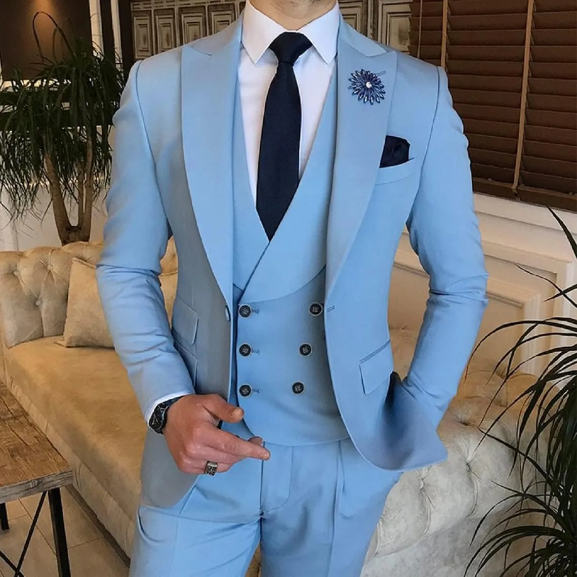 Wangyue Mens Suit 3 Piece Slim Fit Suit for Men Double Breasted Suit Men Wedding Groom Party Prom Suit
