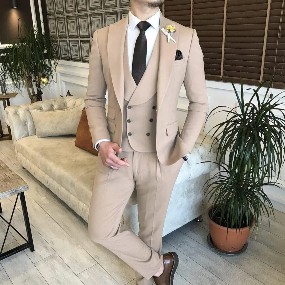 Wangyue Mens Suit 3 Piece Slim Fit Suit for Men Double Breasted Suit Men Wedding Groom Party Prom Suit