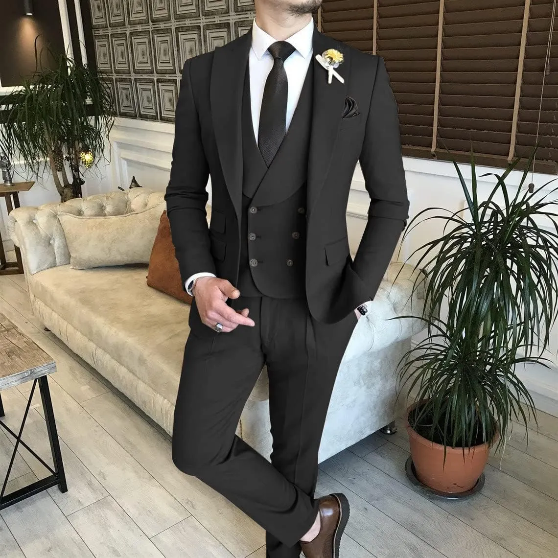 Wangyue Mens Suit 3 Piece Slim Fit Suit for Men Double Breasted Suit Men Wedding Groom Party Prom Suit