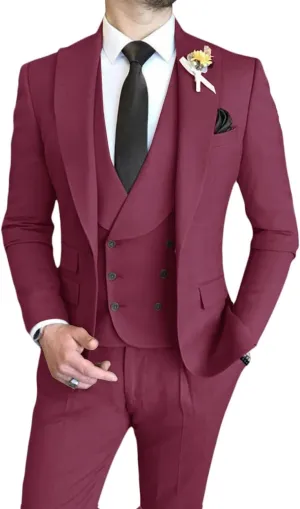 Wangyue Mens Suit 3 Piece Slim Fit Suit for Men Double Breasted Suit Men Wedding Groom Party Prom Suit