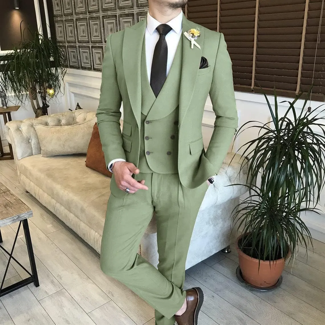 Wangyue Mens Suit 3 Piece Slim Fit Suit for Men Double Breasted Suit Men Wedding Groom Party Prom Suit
