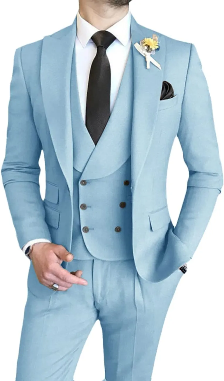 Wangyue Mens Suit 3 Piece Slim Fit Suit for Men Double Breasted Suit Men Wedding Groom Party Prom Suit