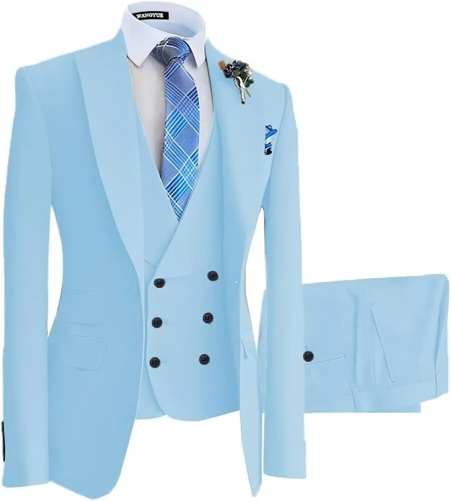 Wangyue Mens Suit 3 Piece Slim Fit Suit for Men Double Breasted Suit Men Wedding Groom Party Prom Suit