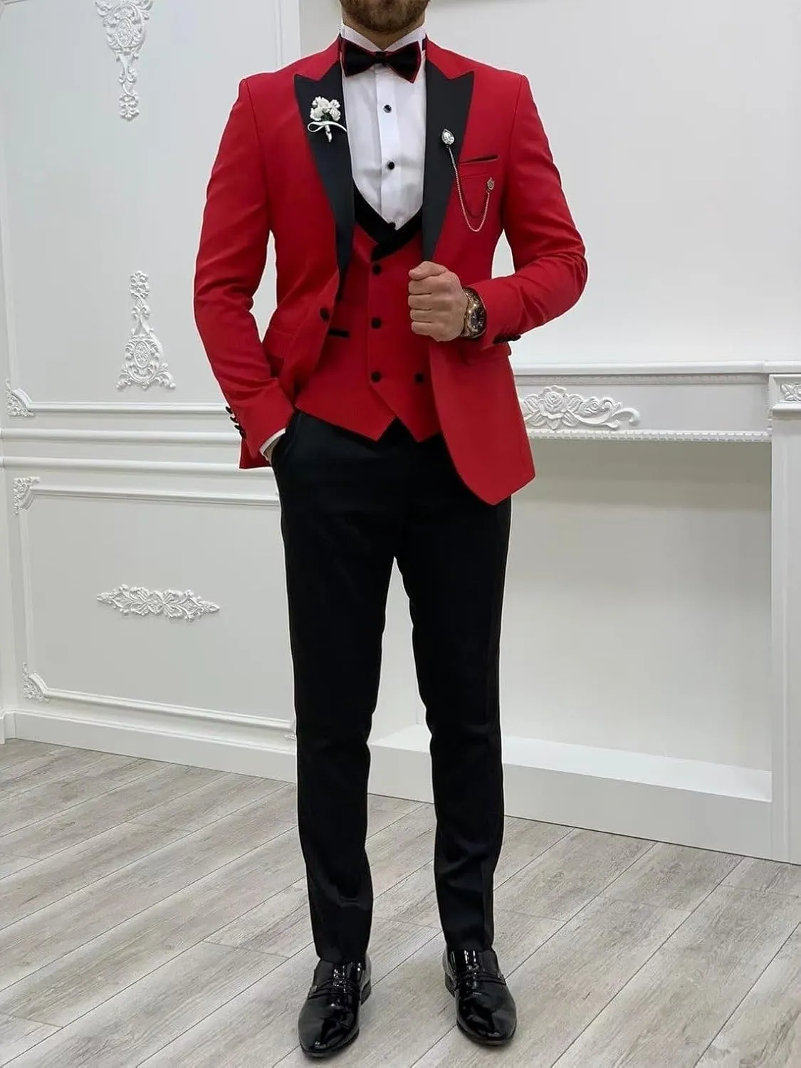 Wangyue Men's Tuxedo 3 Piece Slim Fit Suit Double Breasted Vest Wedding Suits for Men Party Prom Tuxedo Suit with Tie