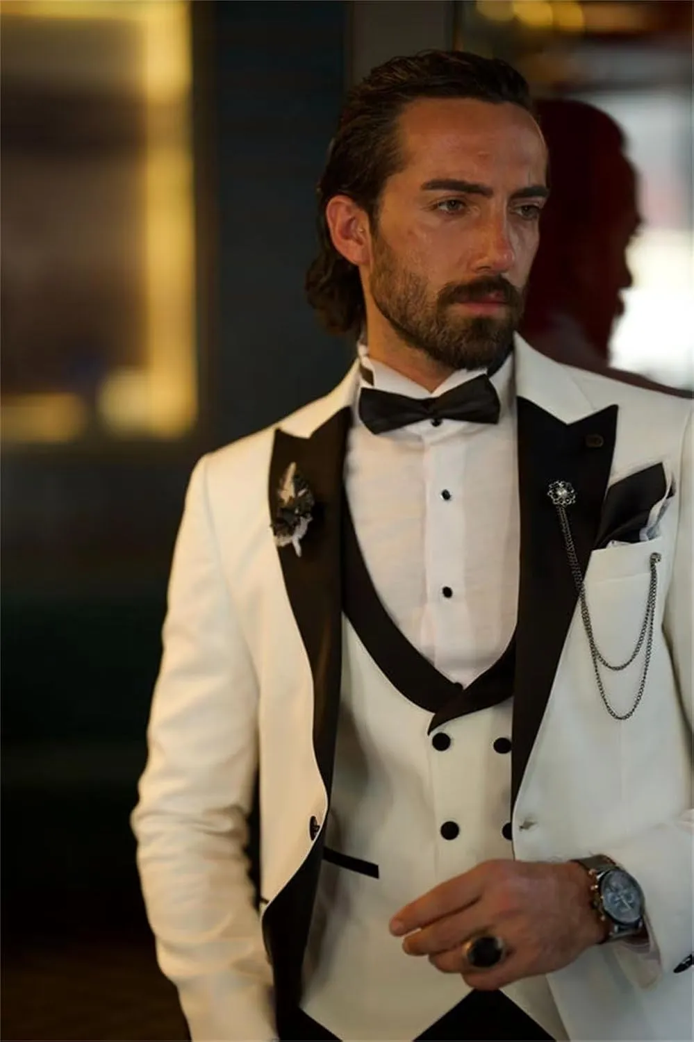 Wangyue Men's Tuxedo 3 Piece Slim Fit Suit Double Breasted Vest Wedding Suits for Men Party Prom Tuxedo Suit with Tie