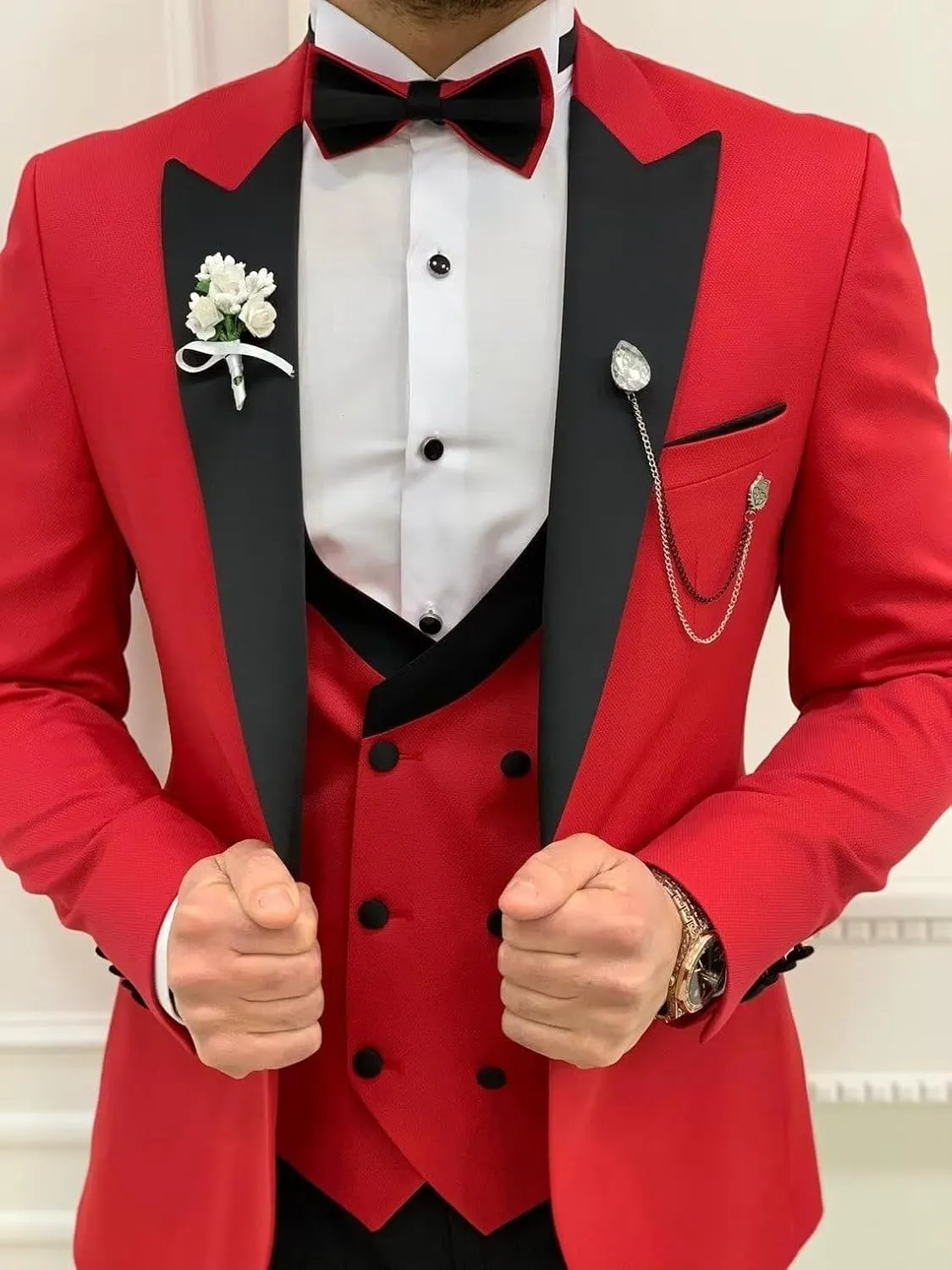 Wangyue Men's Tuxedo 3 Piece Slim Fit Suit Double Breasted Vest Wedding Suits for Men Party Prom Tuxedo Suit with Tie