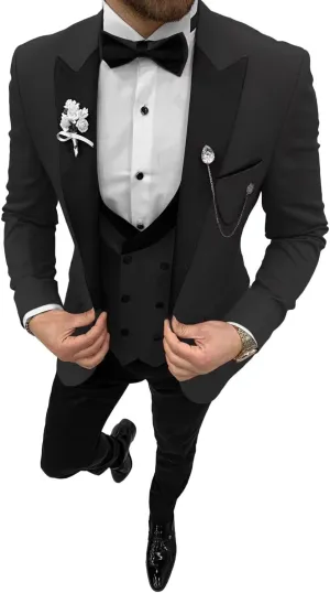 Wangyue Men's Tuxedo 3 Piece Slim Fit Suit Double Breasted Vest Wedding Suits for Men Party Prom Tuxedo Suit with Tie