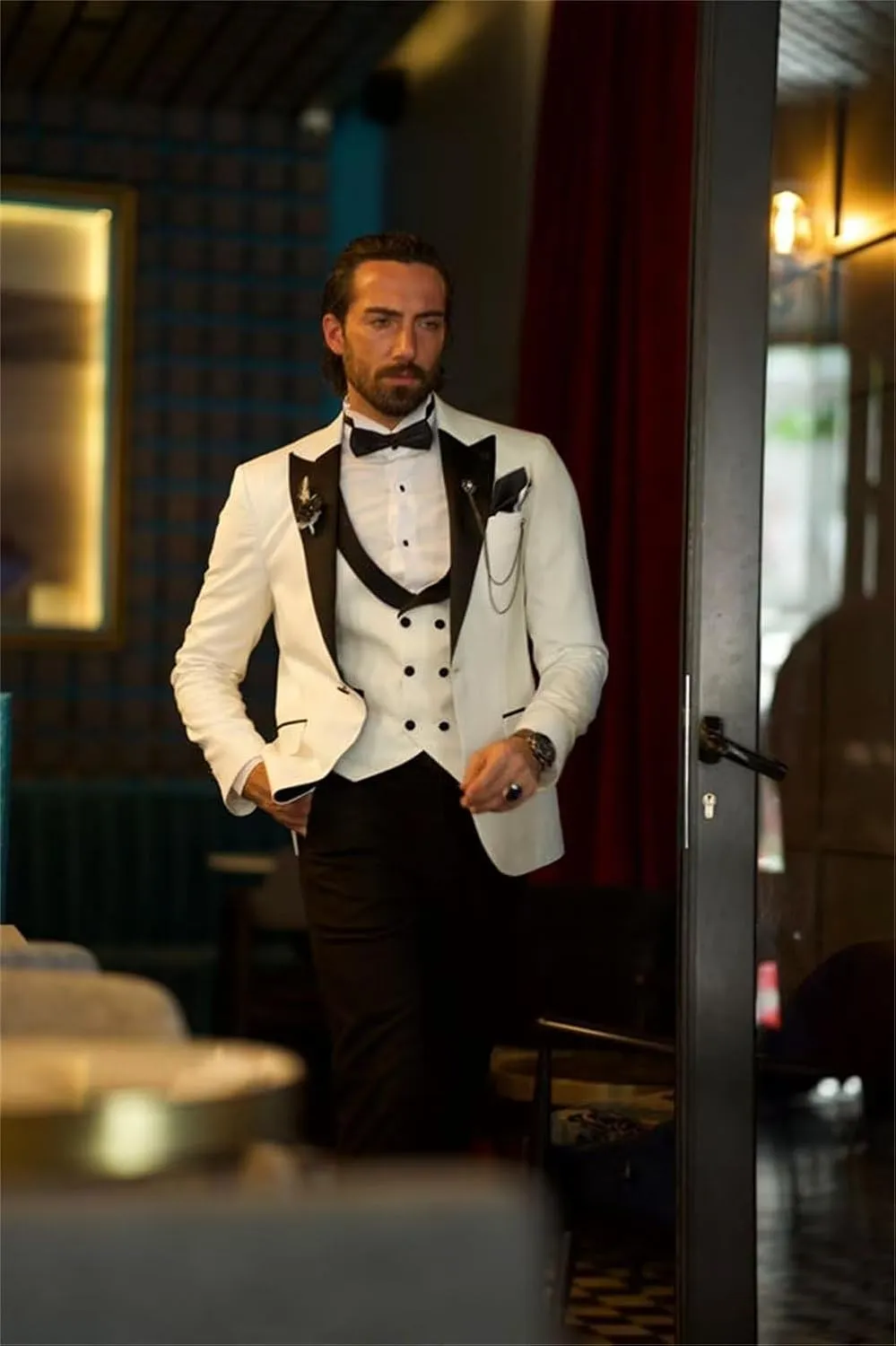 Wangyue Men's Tuxedo 3 Piece Slim Fit Suit Double Breasted Vest Wedding Suits for Men Party Prom Tuxedo Suit with Tie