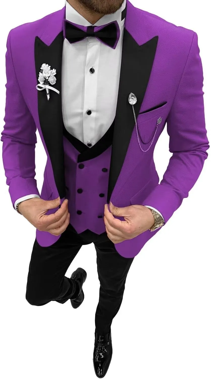 Wangyue Men's Tuxedo 3 Piece Slim Fit Suit Double Breasted Vest Wedding Suits for Men Party Prom Tuxedo Suit with Tie