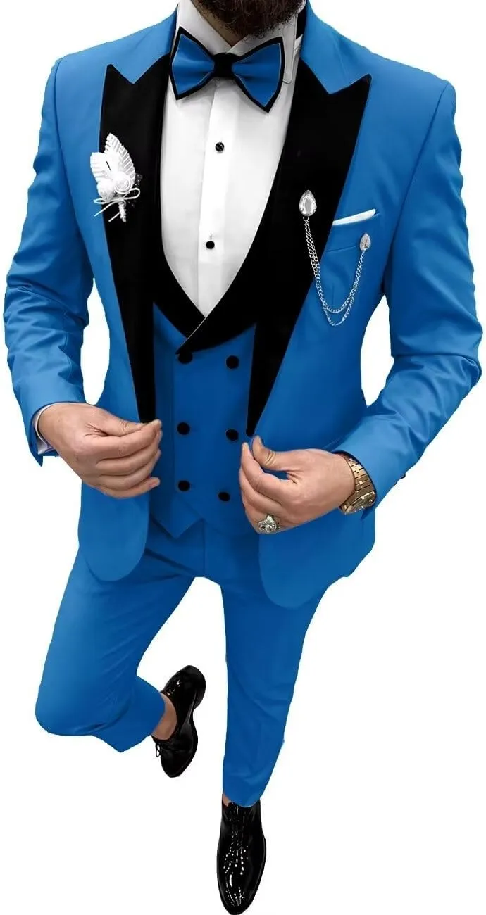 Wangyue Mens Tuxedo Suit Set 3 Piece Wedding Tuxedos for Men Slim Fit Prom Suits Double Breasted Groom Tux with Bow Tie