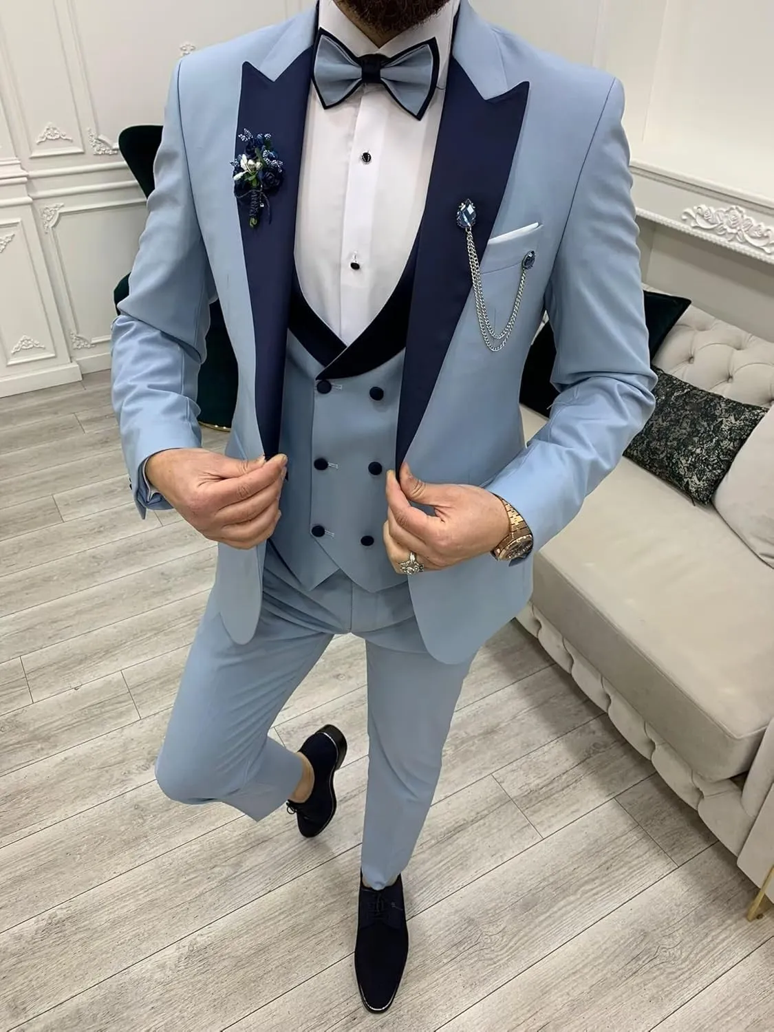 Wangyue Mens Tuxedo Suit Set 3 Piece Wedding Tuxedos for Men Slim Fit Prom Suits Double Breasted Groom Tux with Bow Tie