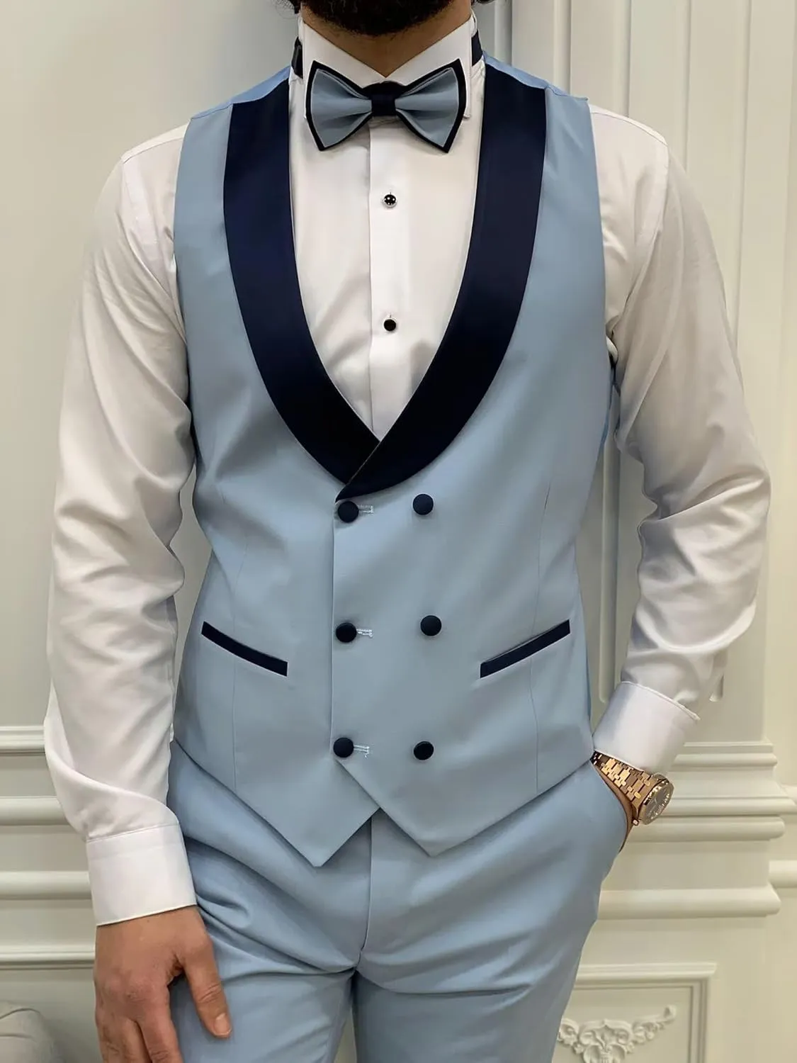 Wangyue Mens Tuxedo Suit Set 3 Piece Wedding Tuxedos for Men Slim Fit Prom Suits Double Breasted Groom Tux with Bow Tie