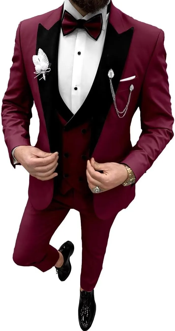 Wangyue Mens Tuxedo Suit Set 3 Piece Wedding Tuxedos for Men Slim Fit Prom Suits Double Breasted Groom Tux with Bow Tie