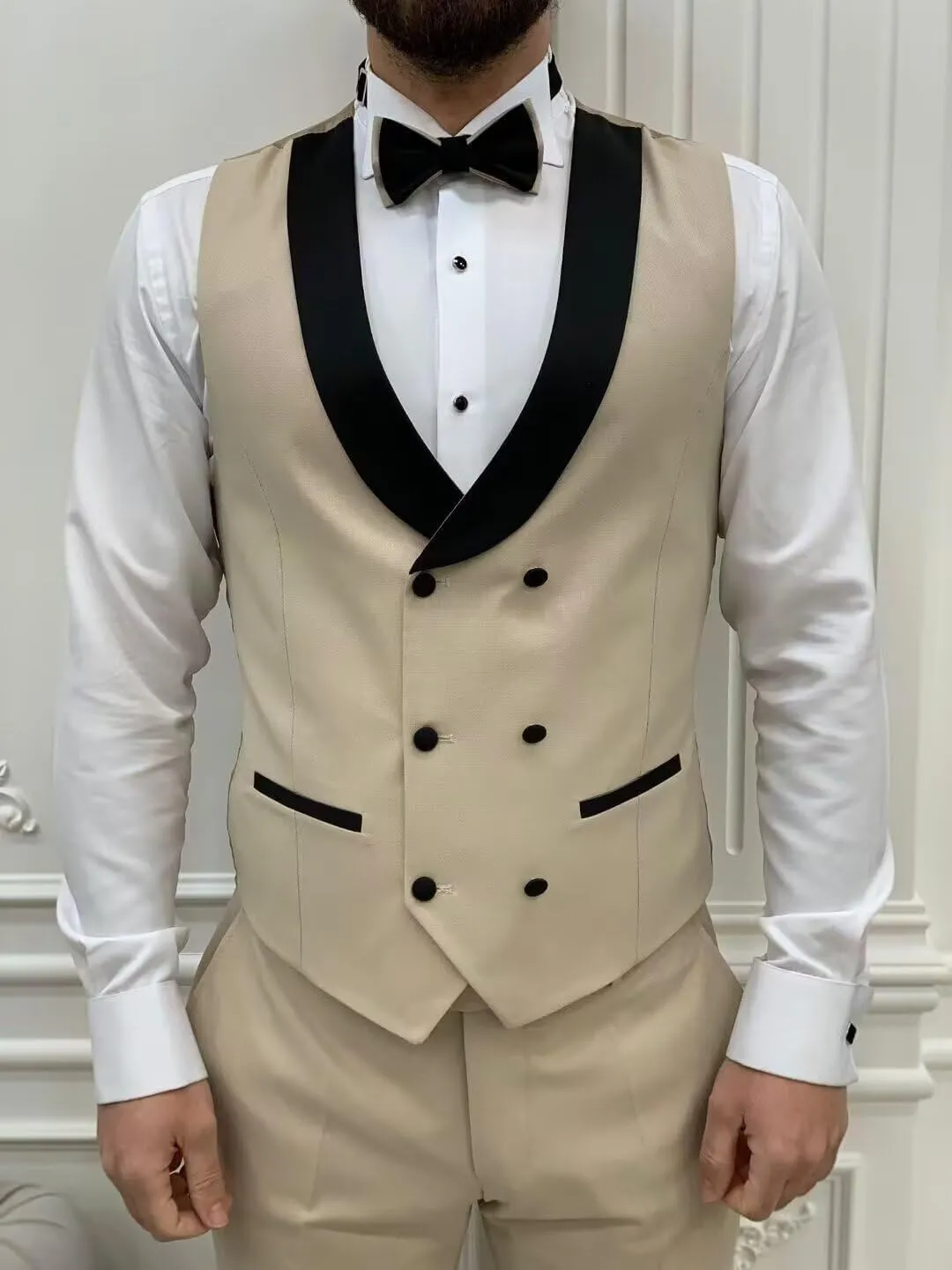 Wangyue Mens Tuxedo Suit Set 3 Piece Wedding Tuxedos for Men Slim Fit Prom Suits Double Breasted Groom Tux with Bow Tie