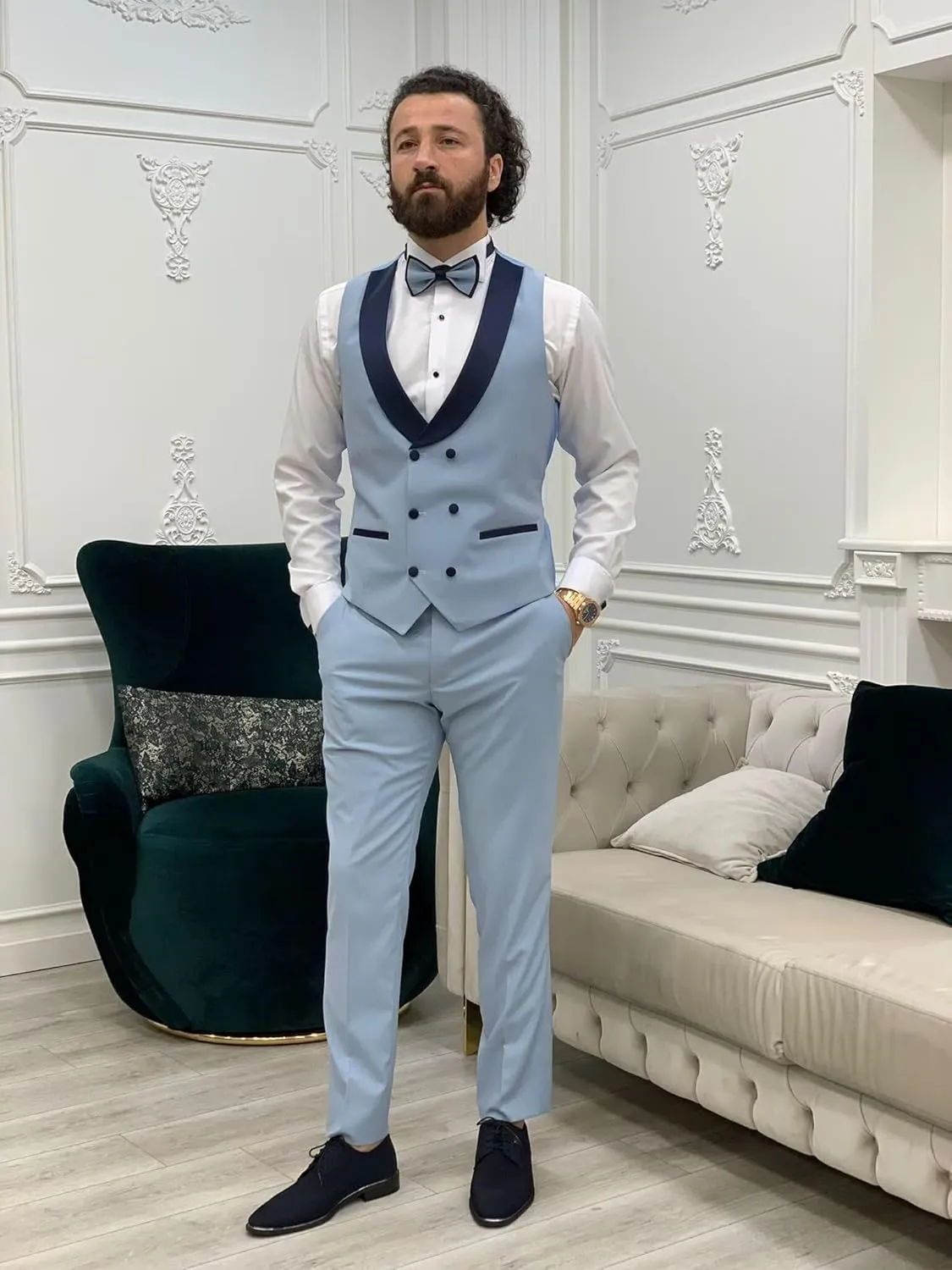 Wangyue Mens Tuxedo Suit Set 3 Piece Wedding Tuxedos for Men Slim Fit Prom Suits Double Breasted Groom Tux with Bow Tie