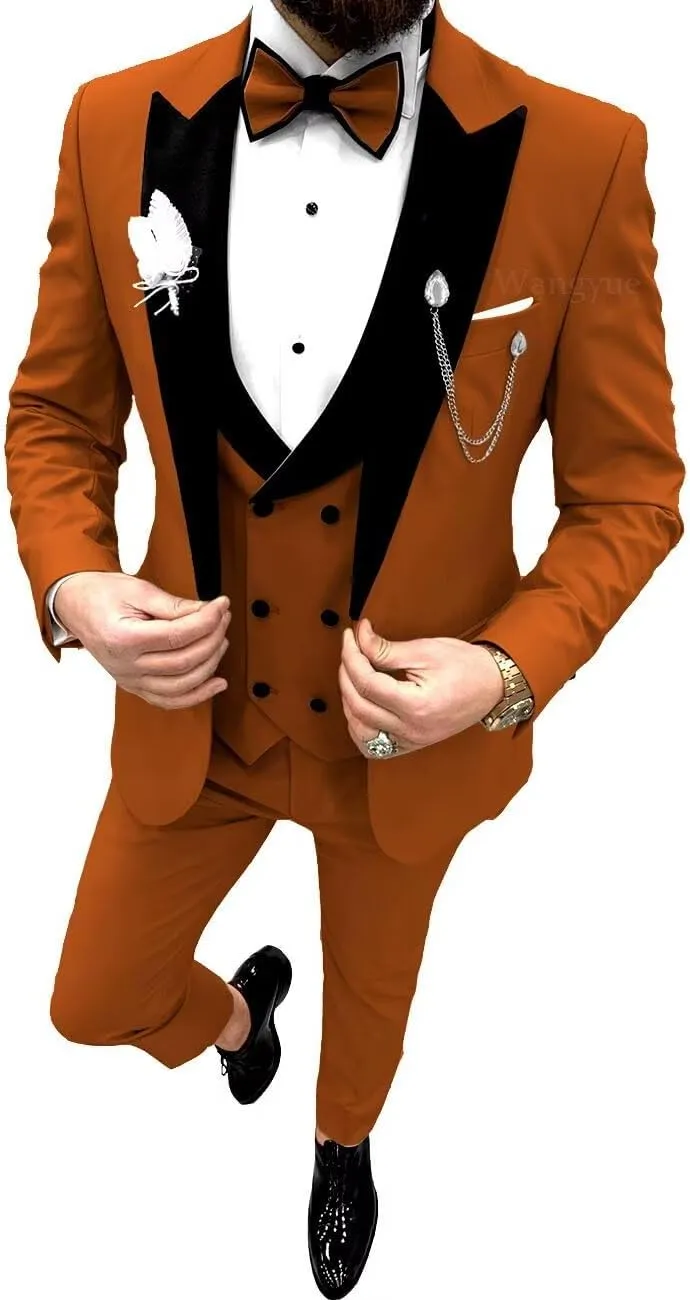 Wangyue Mens Tuxedo Suit Set 3 Piece Wedding Tuxedos for Men Slim Fit Prom Suits Double Breasted Groom Tux with Bow Tie
