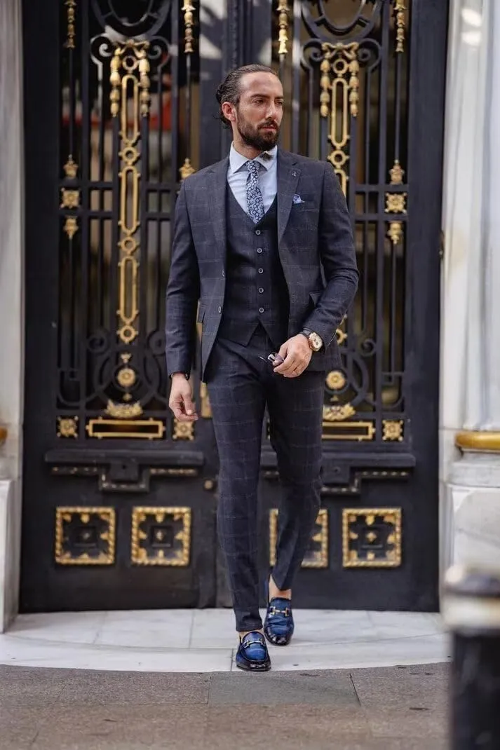 Wangyue Plaid Suit for Men Slim Fit 3 Piece Checked Suits Formal Two Buttons Wedding Business Suits Blazer Vest Pants Set