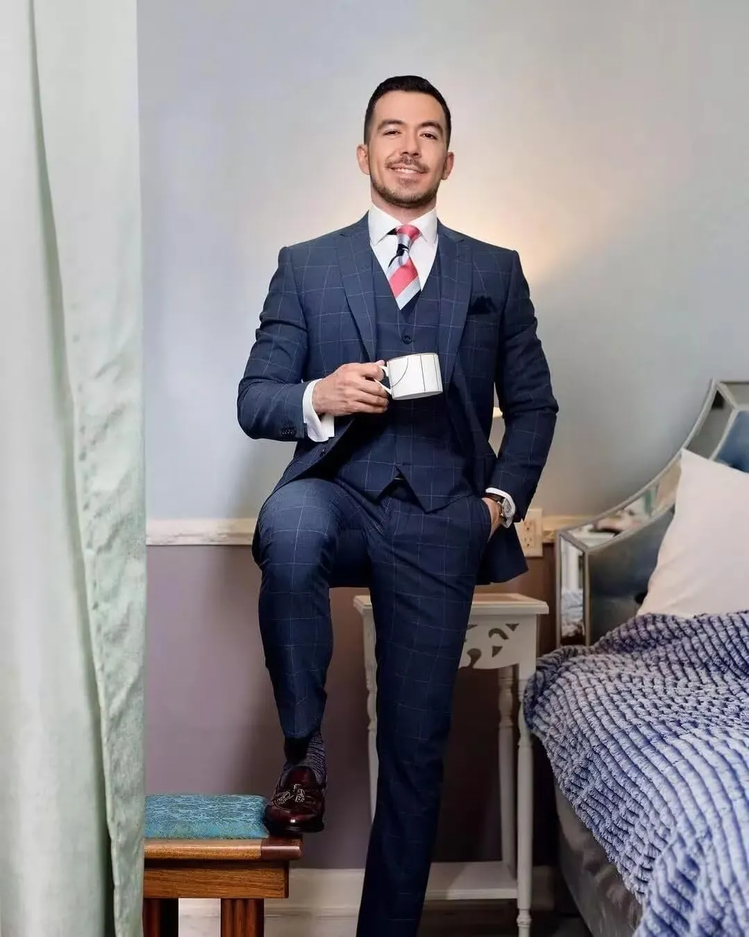 Wangyue Plaid Suit for Men Slim Fit 3 Piece Checked Suits Formal Two Buttons Wedding Business Suits Blazer Vest Pants Set