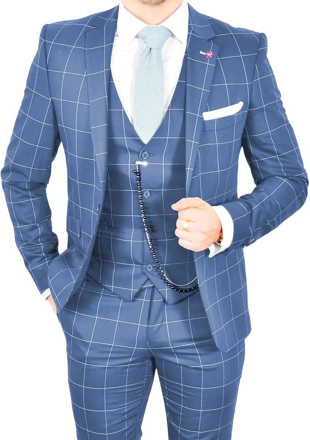 Wangyue Plaid Suit for Men Slim Fit 3 Piece Checked Suits Formal Two Buttons Wedding Business Suits Blazer Vest Pants Set